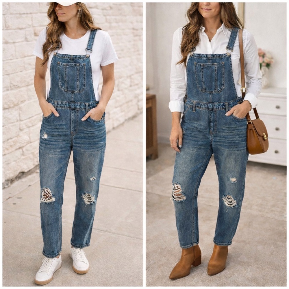 Denim Distressed Womens Overalls Jumpsuit - Blue